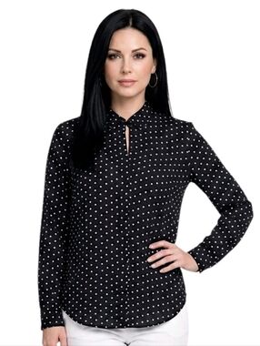 Liz Claiborne Navy Blue Polka-dot Long Sleeve Button Down Shirt Size S